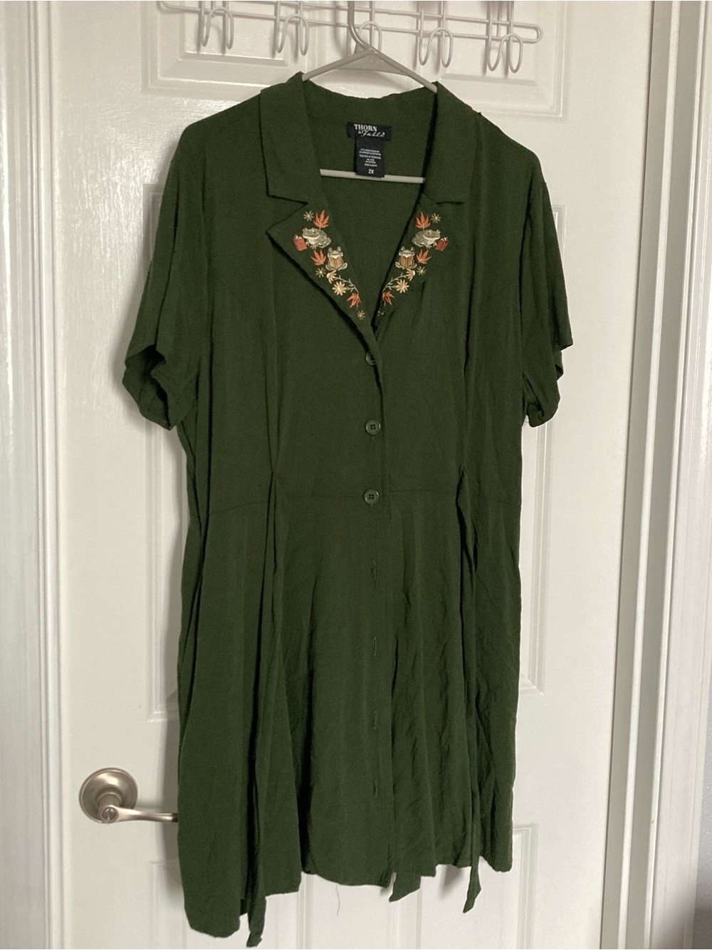 Olive Green Embroidered Button-Front Dress